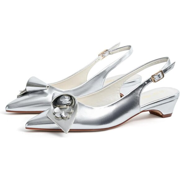 Sicare Slingback Heel Pumps Synthetic Silver Women Flower Block Heel Dress Shoes - Picture 9 of 12